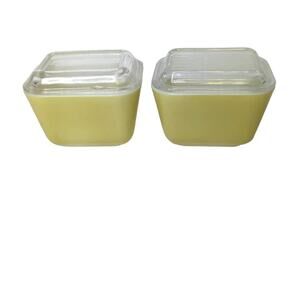 Set of 2 Vintage Pyrex yellow green fridgies 501 B 1 1/2 cup PYREX USA Made